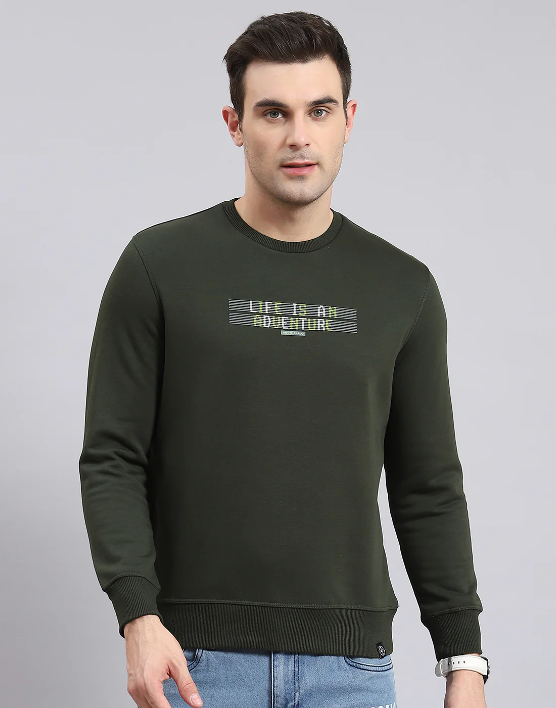 Men Olive Solid Round Neck Full Sleeve Sweatshirt - Image 2