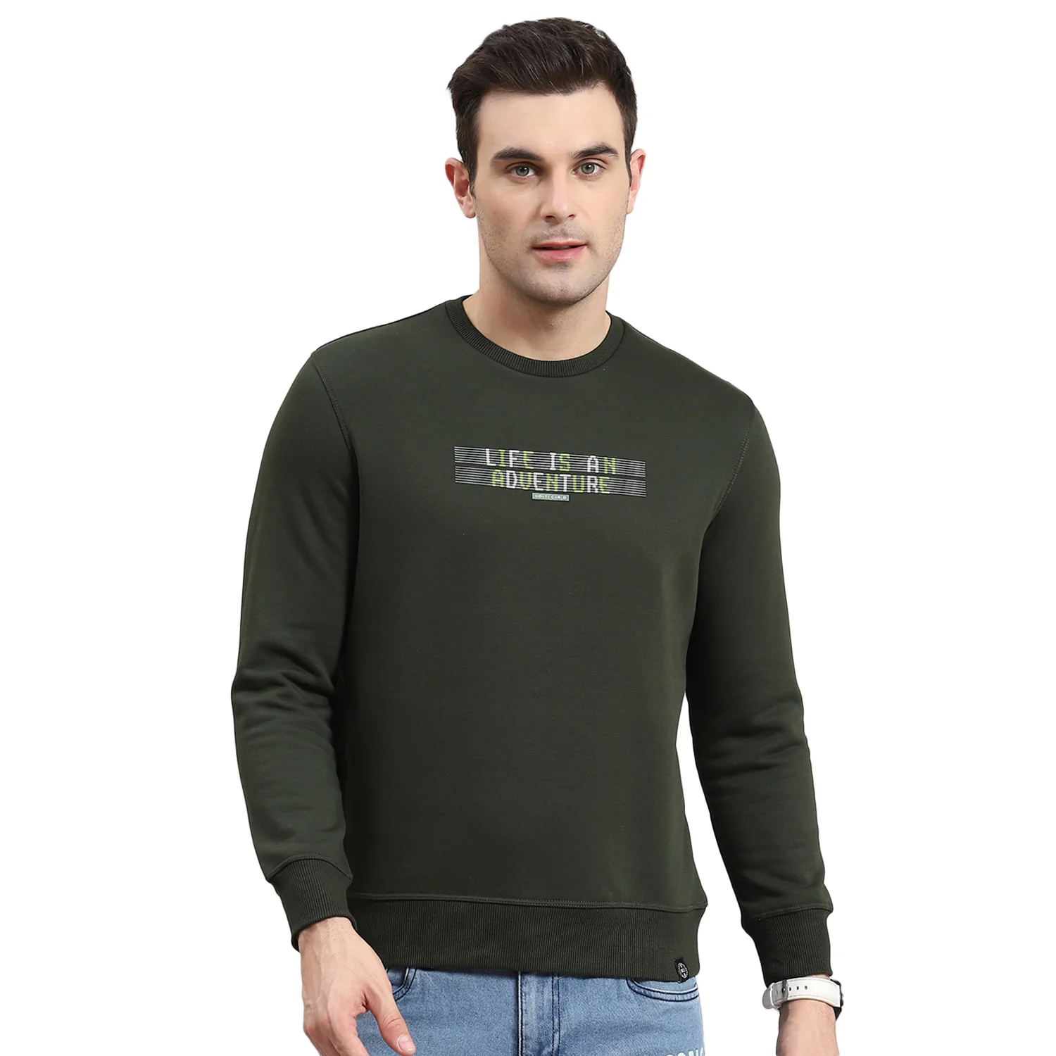 Men Olive Solid Round Neck Full Sleeve Sweatshirt - Image 5