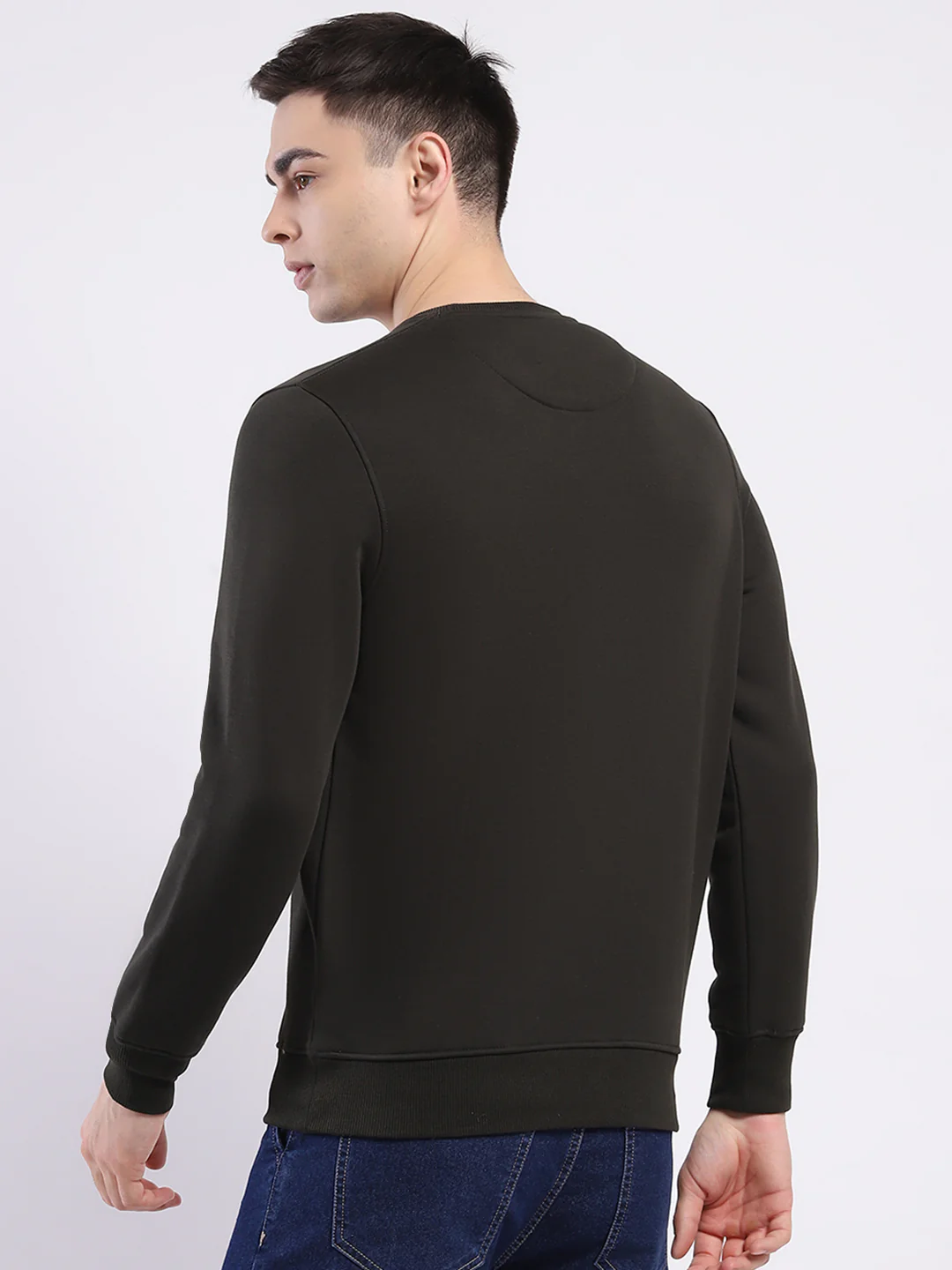 Men Olive Solid Round Neck Full Sleeve Sweatshirt - Image 5
