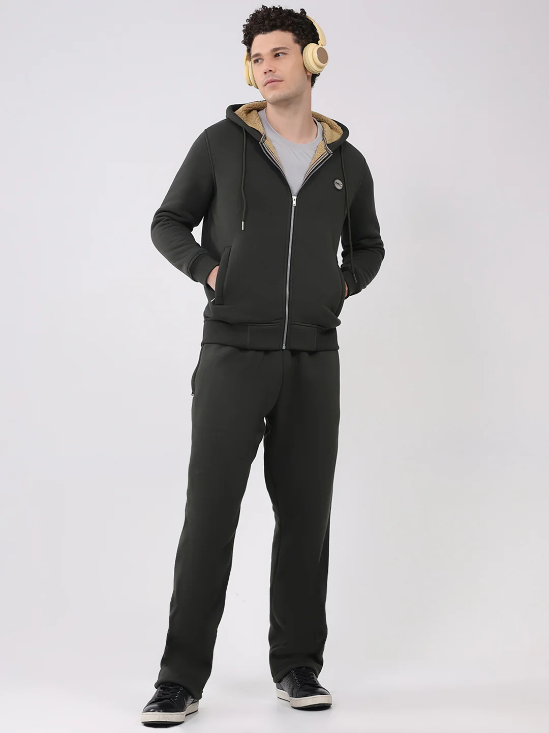 Men Olive Solid Round Neck Full Sleeve Winter Tracksuit - Image 2