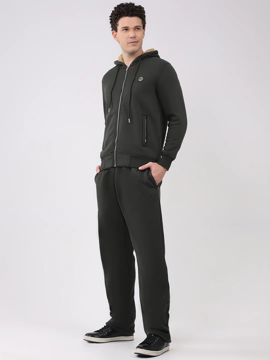 Men Olive Solid Round Neck Full Sleeve Winter Tracksuit - Image 3