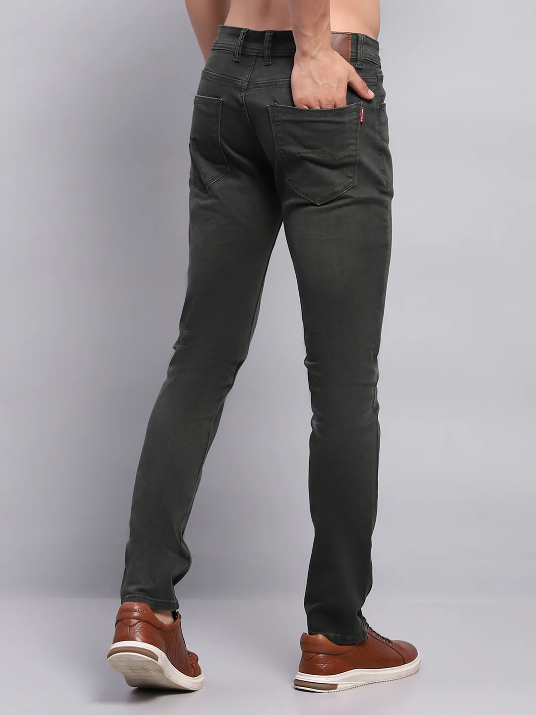 Men Olive Solid Skinny Fit Denim - Image 5