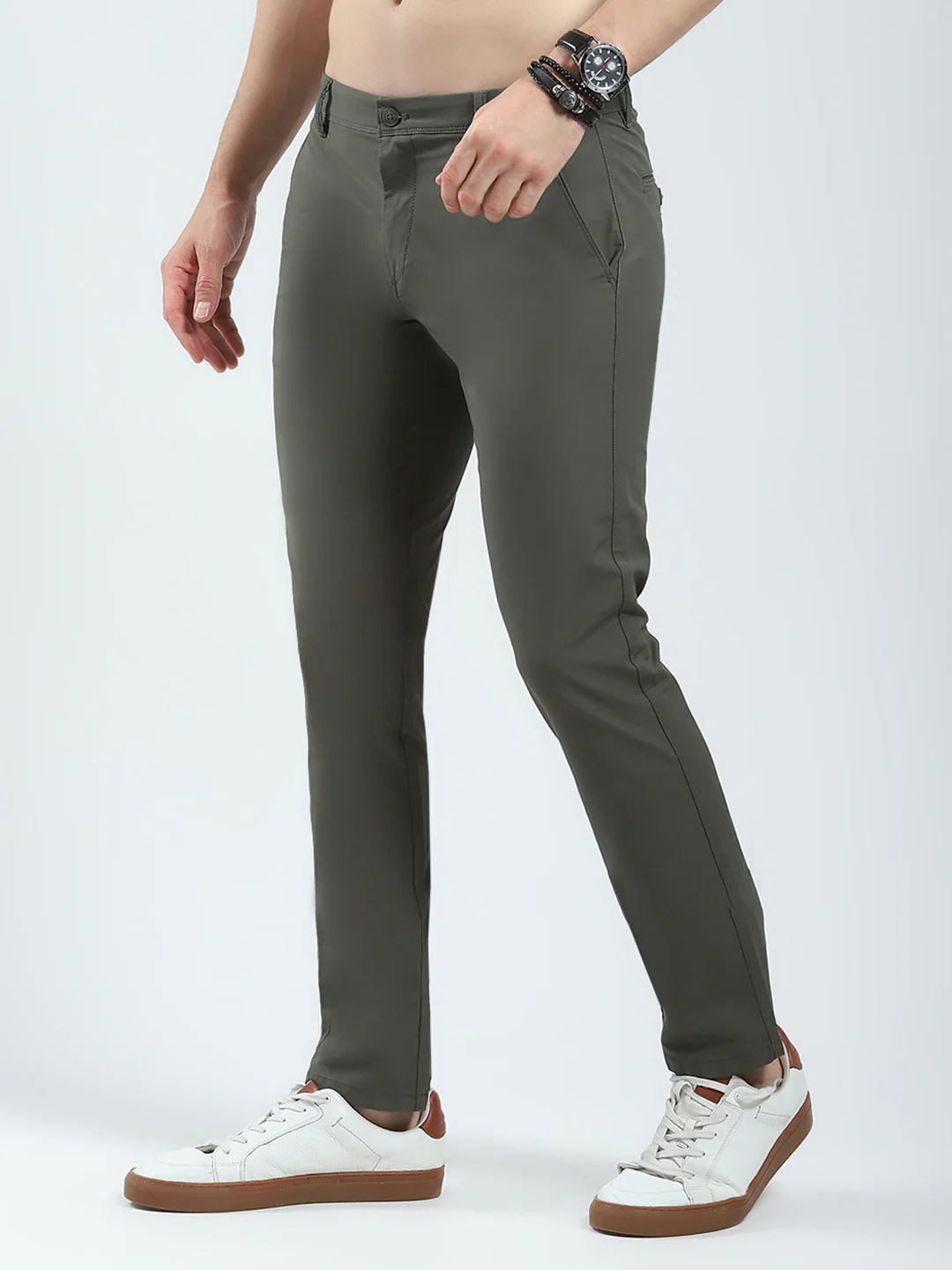 Men Olive Solid Slim Fit Trouser - Image 3