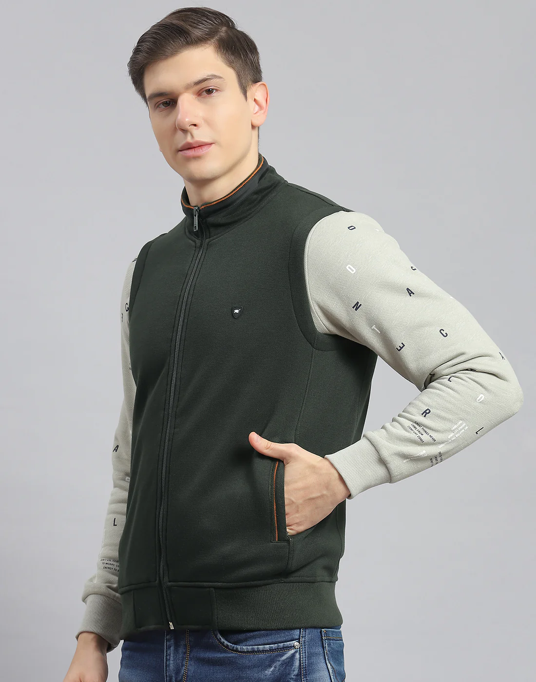 Men Olive Solid Stand Collar Sleeveless Jacket - Image 3