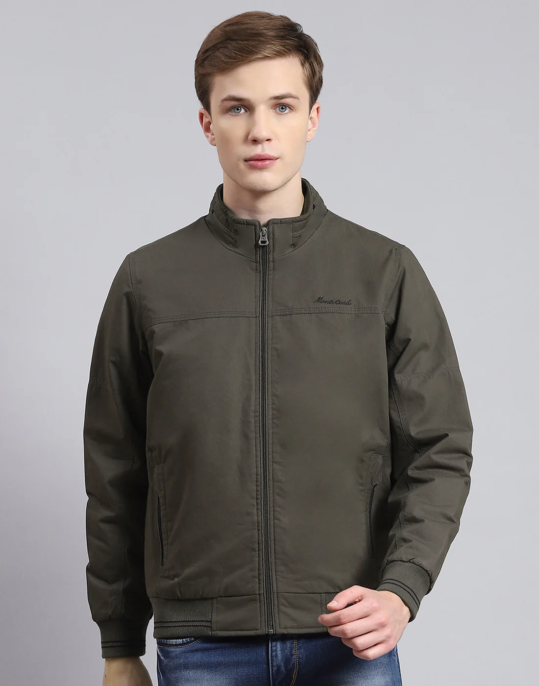 Men Olive Solid Stand Collar Full Sleeve Jacket