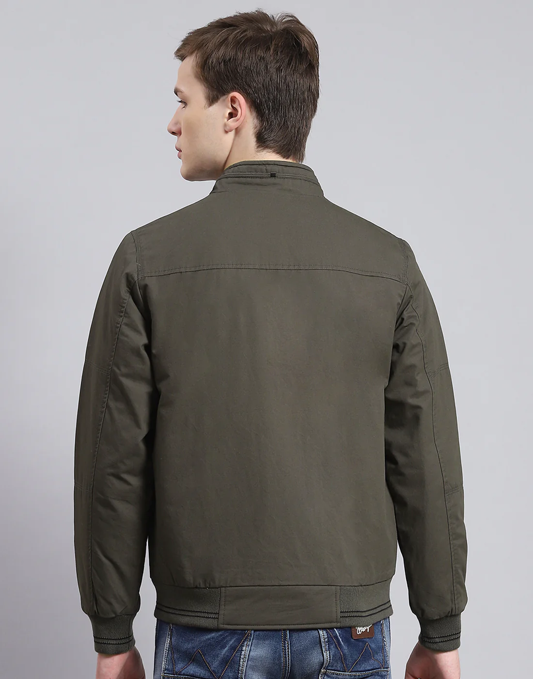 Men Olive Solid Stand Collar Full Sleeve Jacket - Image 5