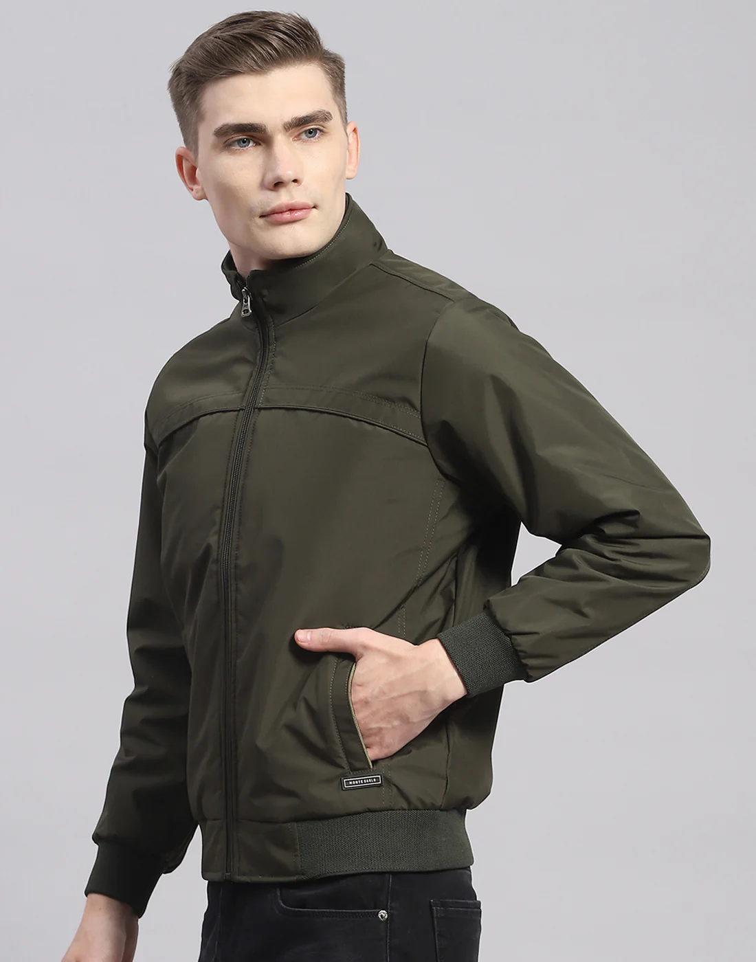 Men Olive Solid Stand Collar Full Sleeve Jacket - Image 3