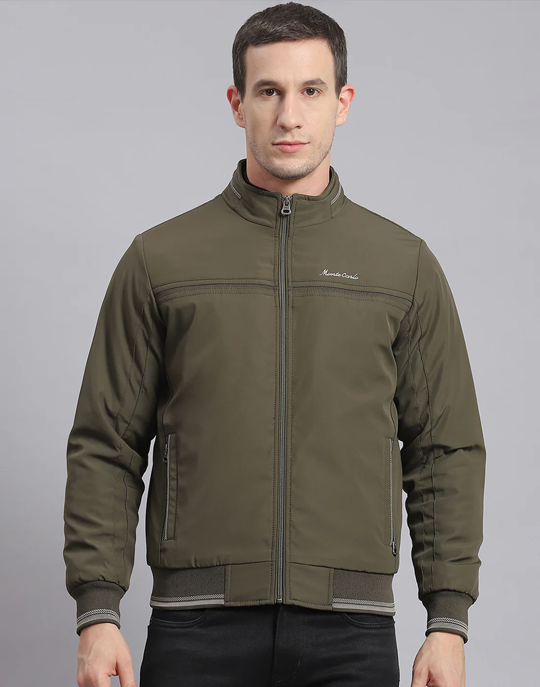 Men Olive Solid Stand Collar Full Sleeve Jacket - Image 2