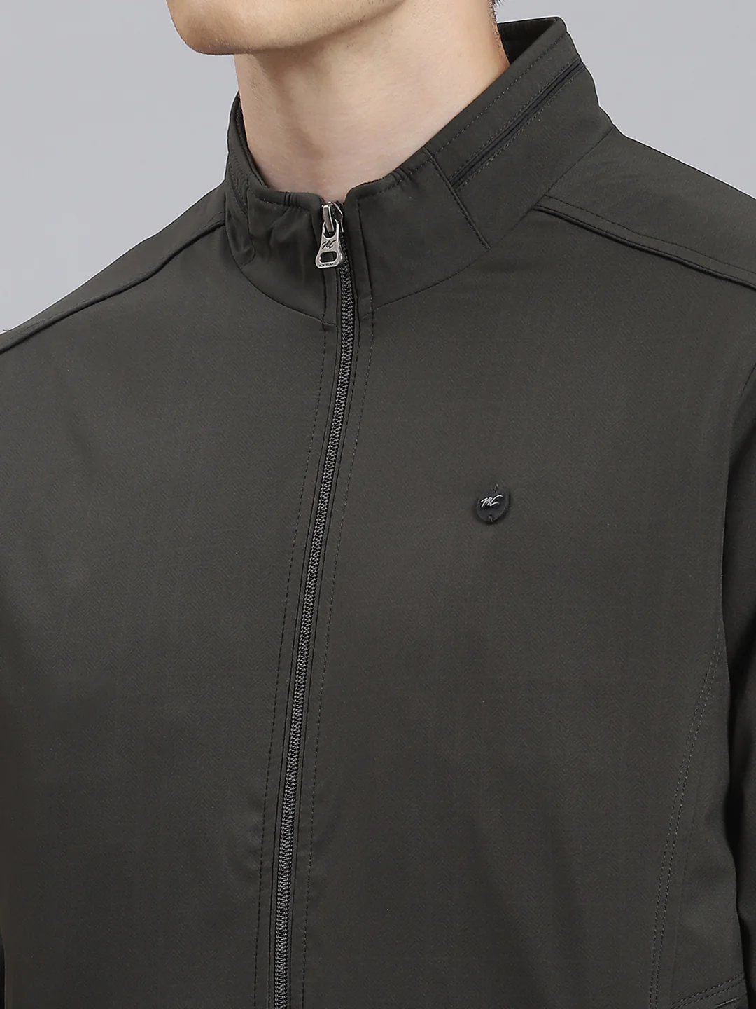 Men Olive Solid Stand Collar Full Sleeve Jacket - Image 6