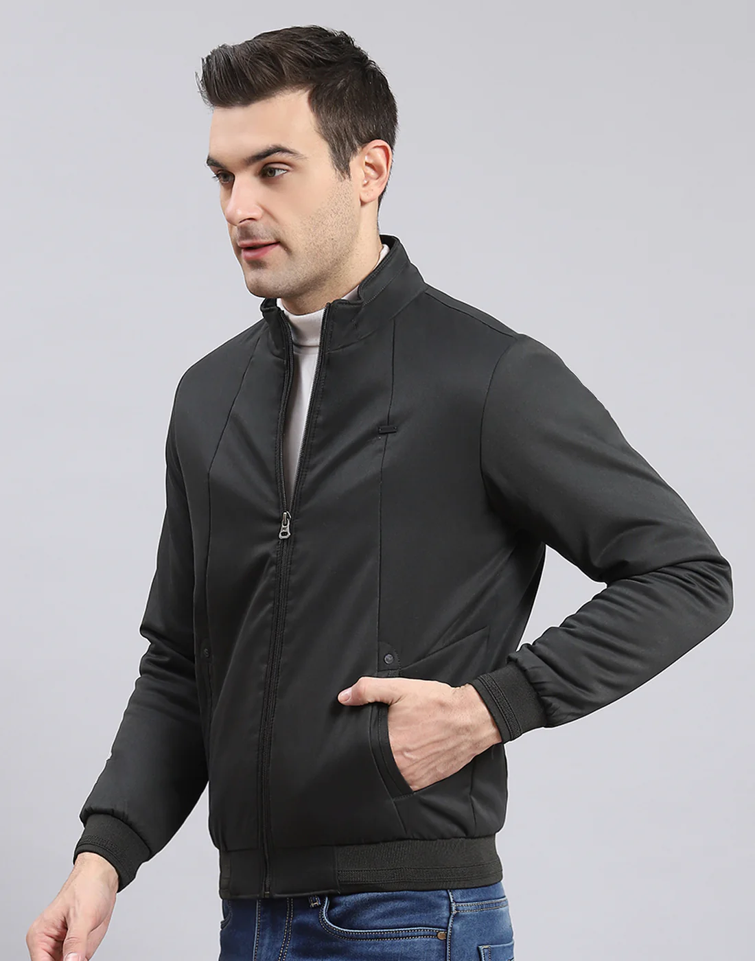 Men Olive Solid Stand Collar Full Sleeve Jacket - Image 3