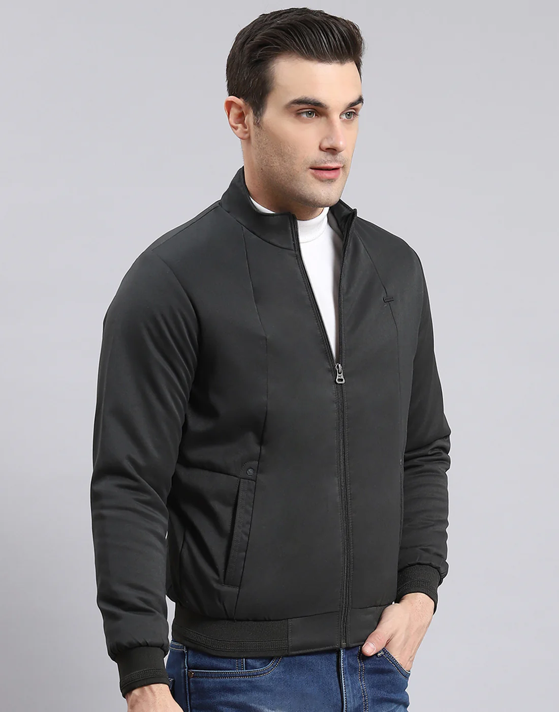 Men Olive Solid Stand Collar Full Sleeve Jacket - Image 4