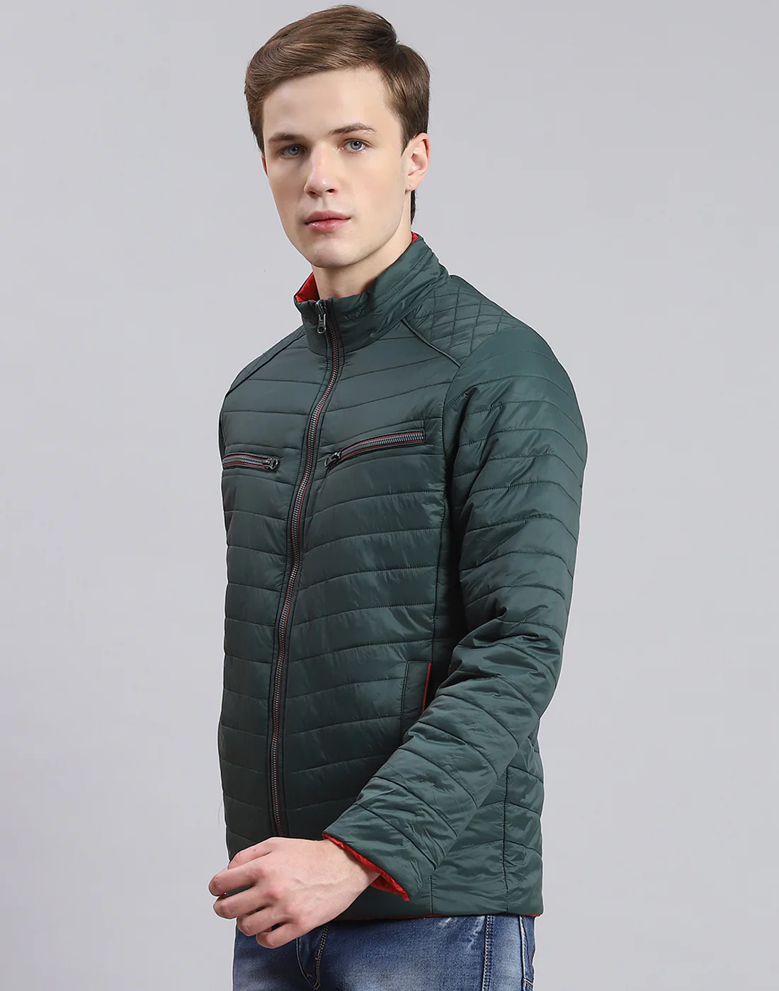 Men Olive Solid Stand Collar Full Sleeve Jacket - Image 5