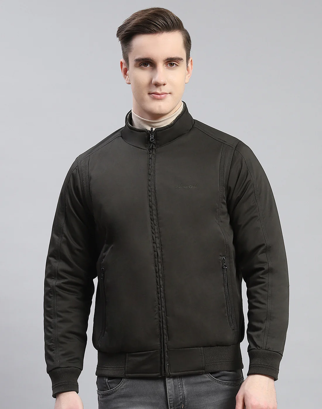 Men Olive Solid Stand Collar Full Sleeve Jacket - Image 2