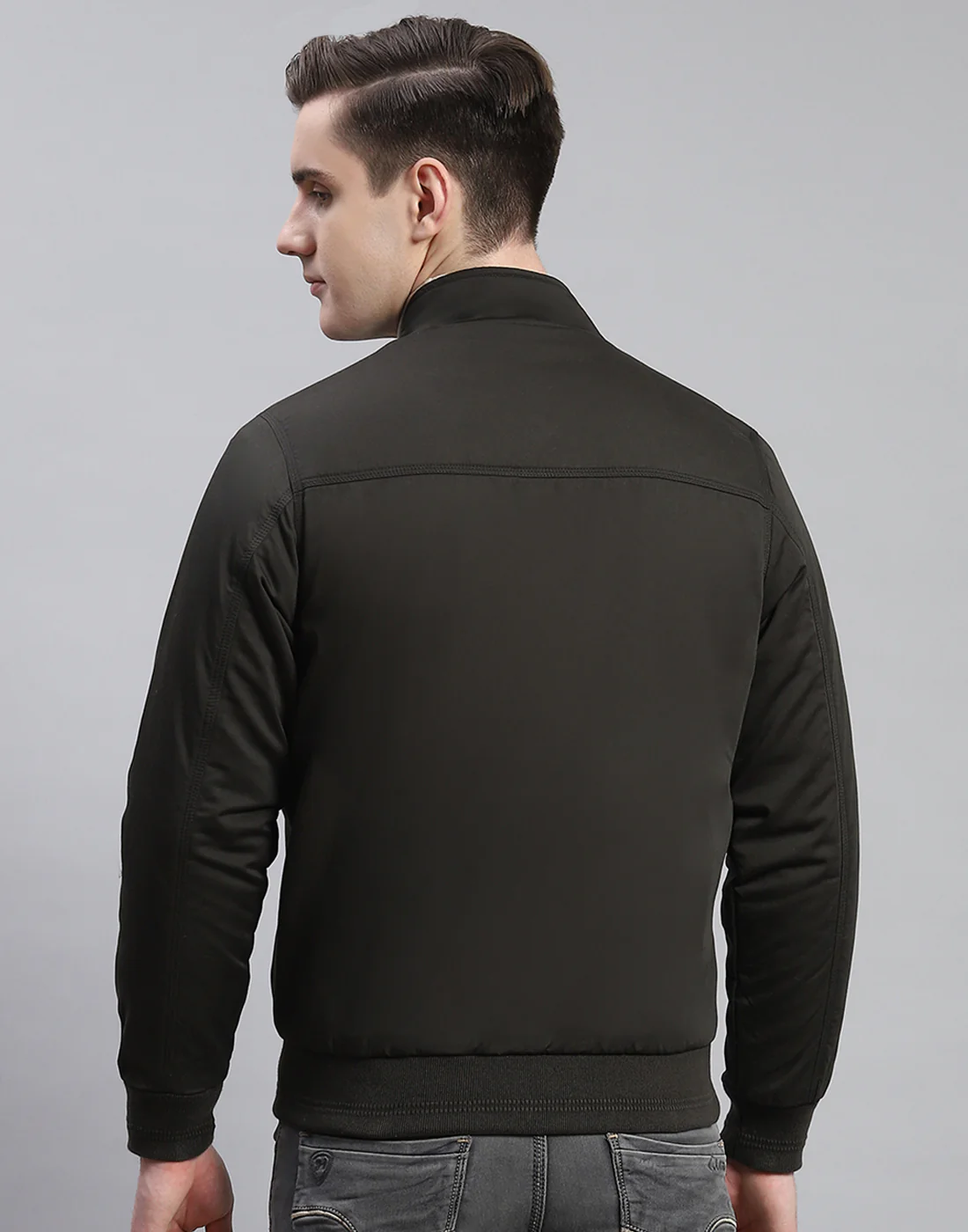 Men Olive Solid Stand Collar Full Sleeve Jacket - Image 5