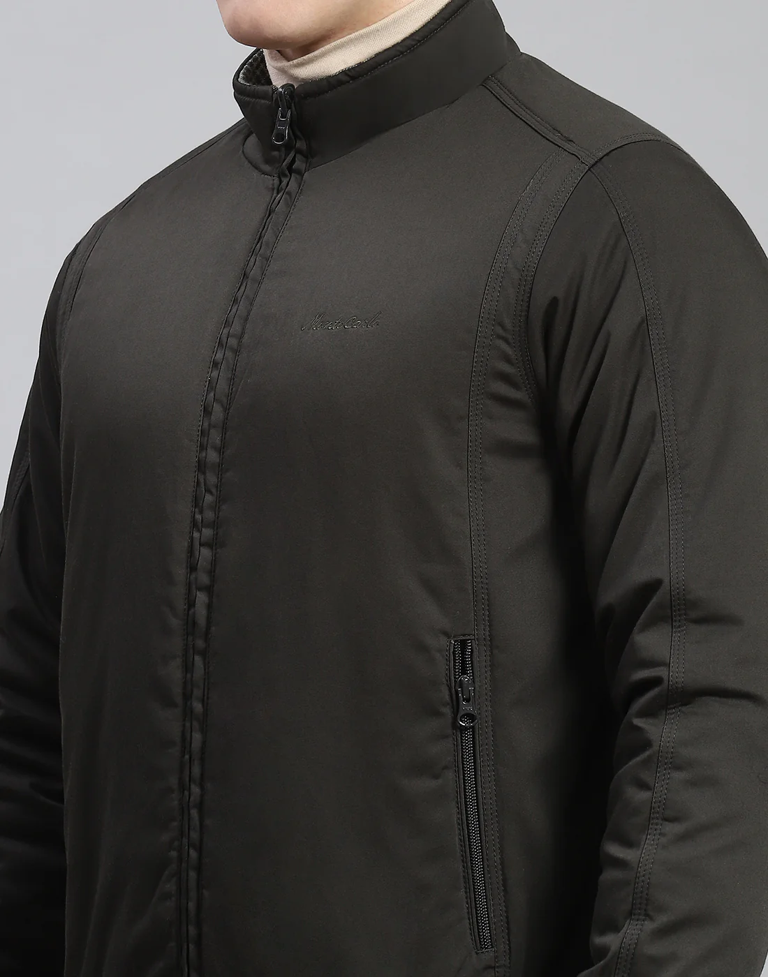 Men Olive Solid Stand Collar Full Sleeve Jacket - Image 8