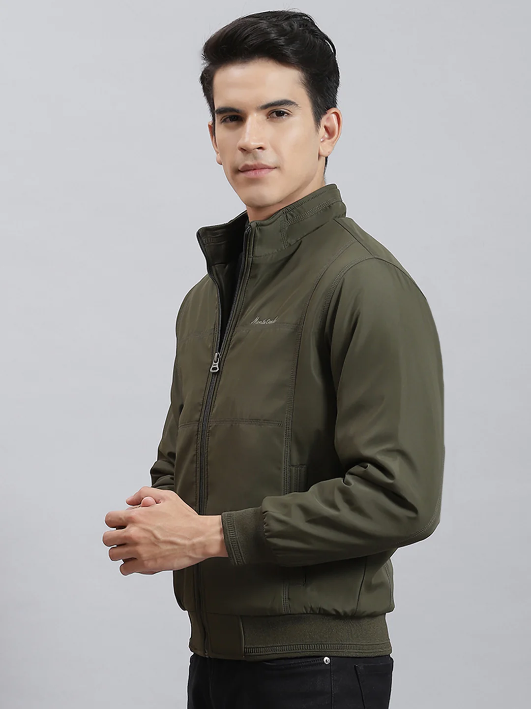 Men Olive Solid Stand Collar Full Sleeve Jackets - Image 3