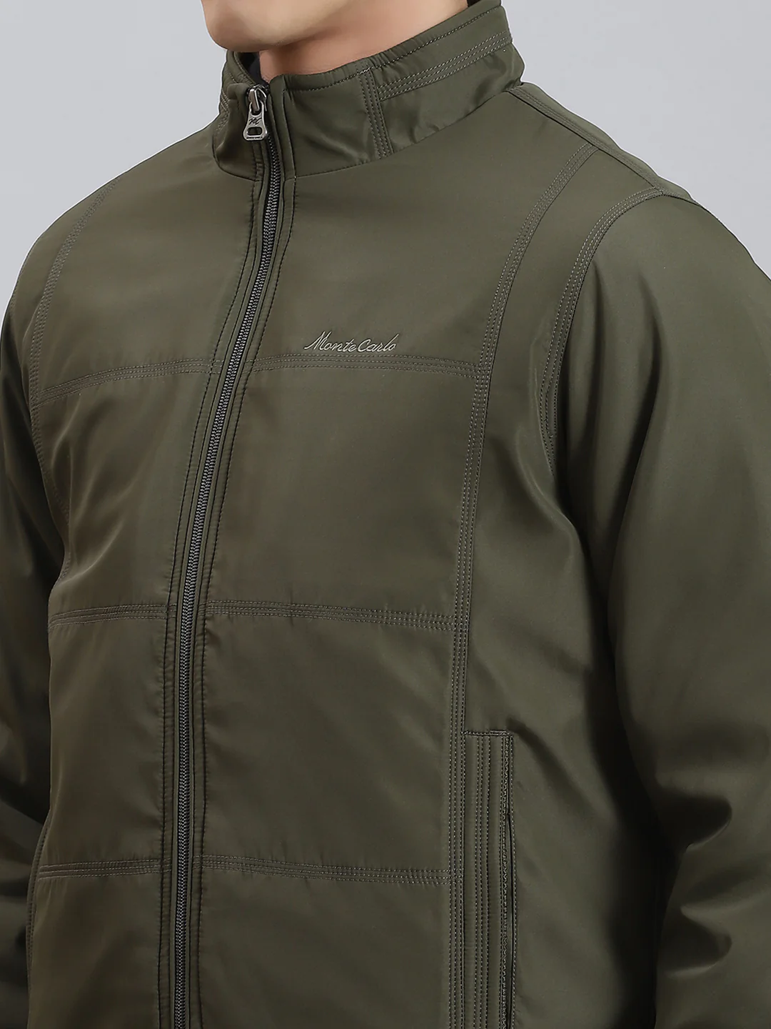 Men Olive Solid Stand Collar Full Sleeve Jackets - Image 6