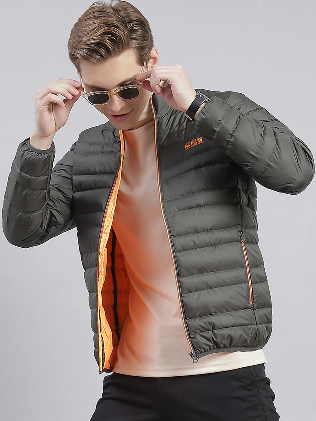 Men Olive Solid Stand Collar Full Sleeve Jackets