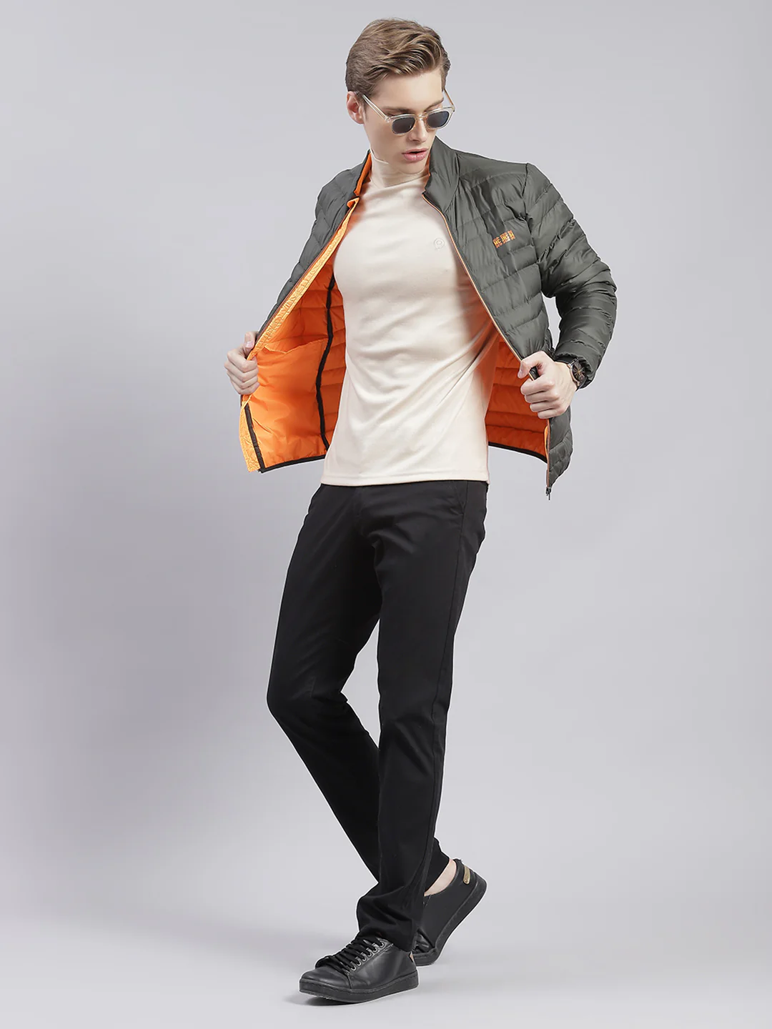 Men Olive Solid Stand Collar Full Sleeve Jackets - Image 2