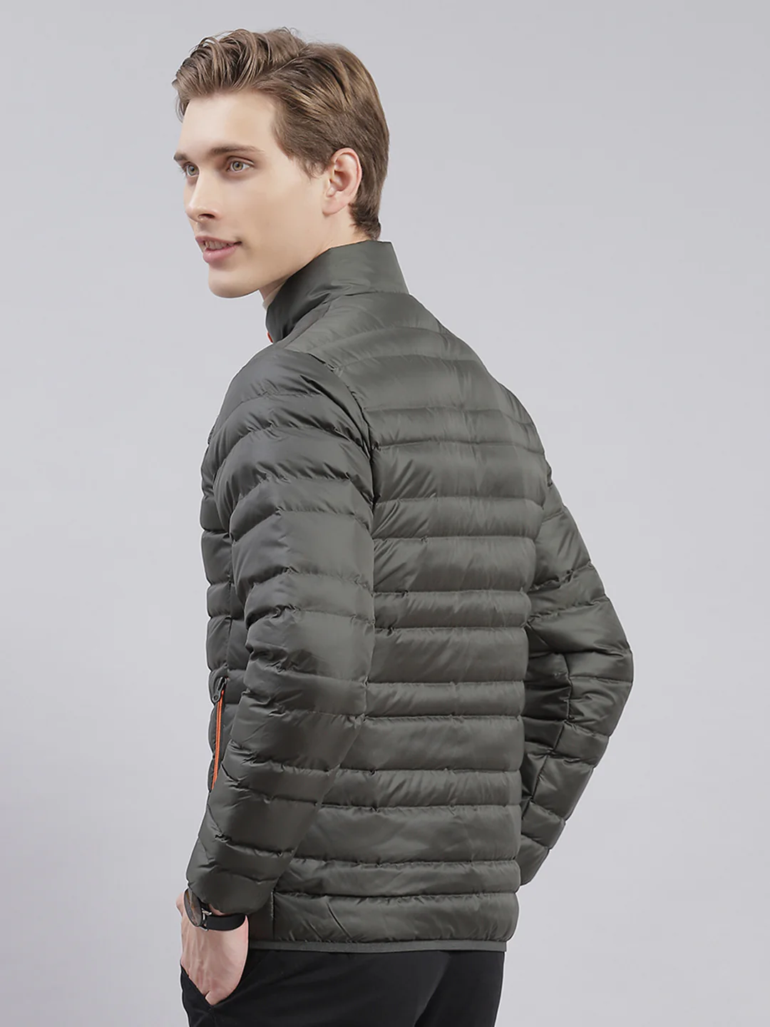 Men Olive Solid Stand Collar Full Sleeve Jackets - Image 4