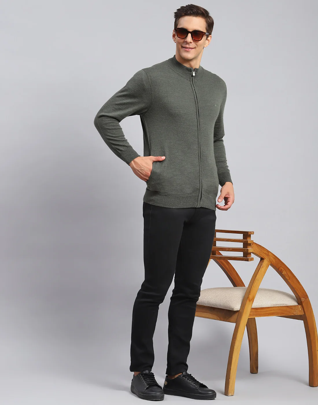 Men Olive Solid Stand Collar Full Sleeve Pullover - Image 2