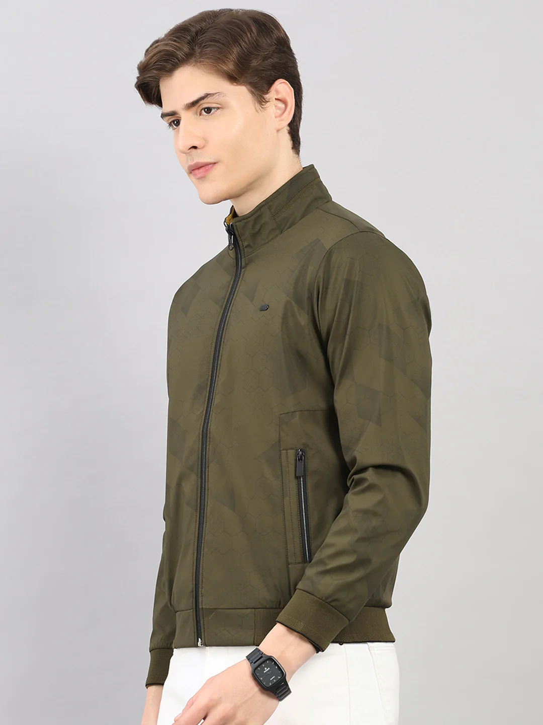 Men Olive Solid Stand Collar Full Sleeve Reversible Jacket - Image 3
