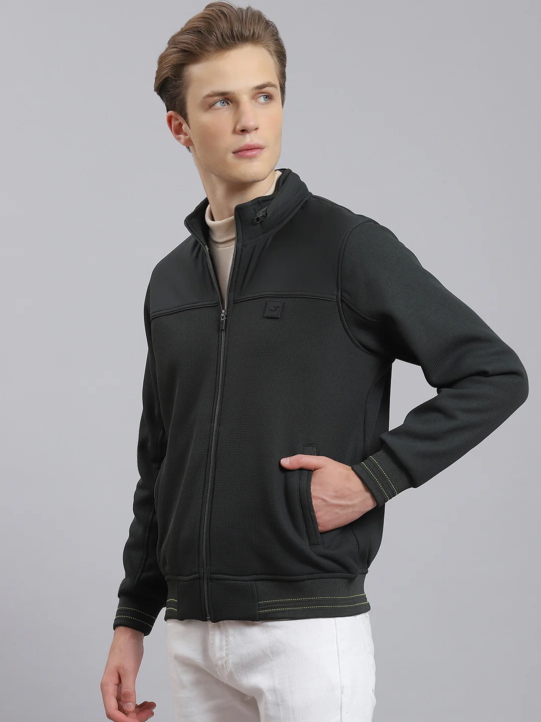 Men Olive Solid Stand Collar Full Sleeve Sweatshirt - Image 4