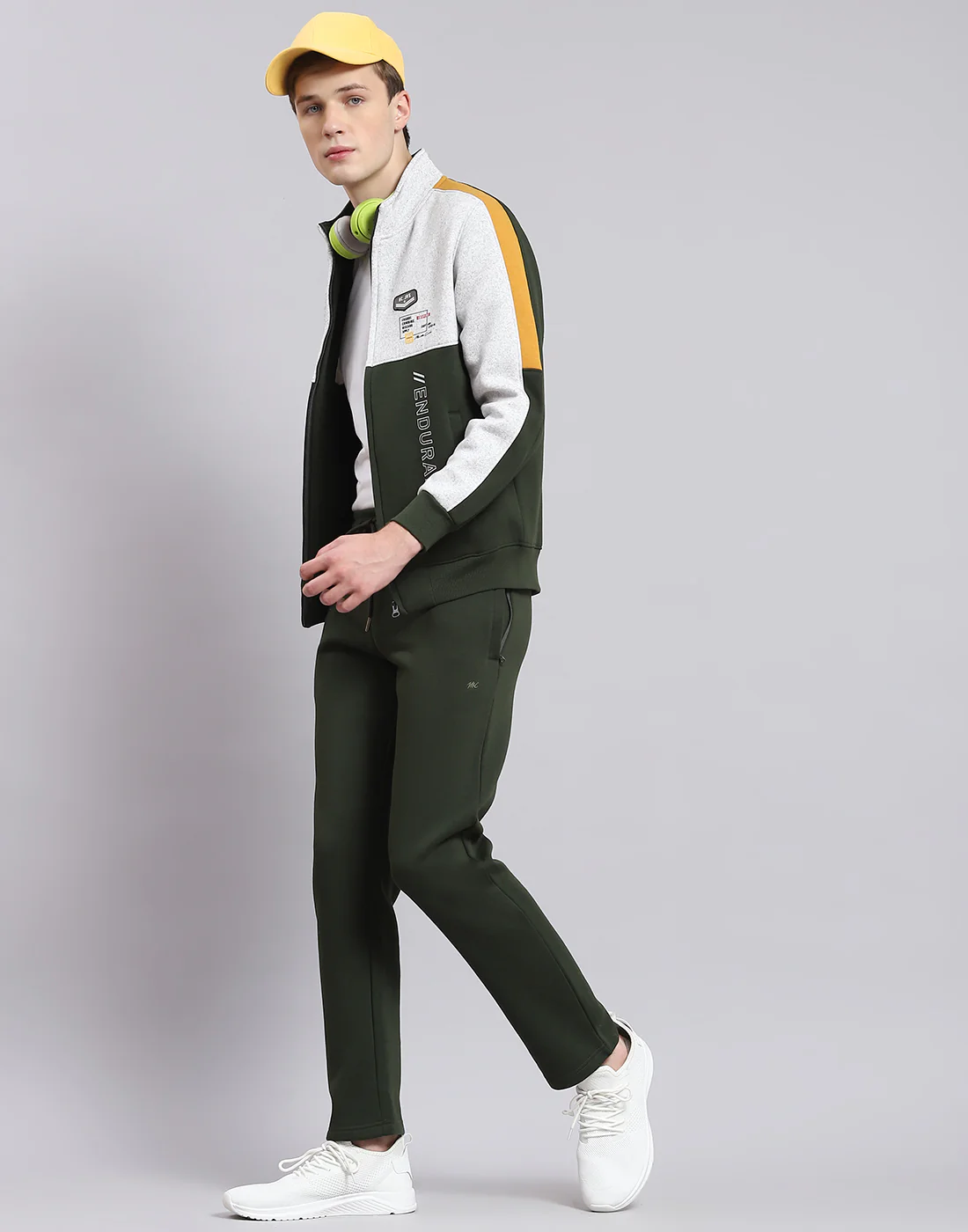 Men Olive Solid Stand Collar Full Sleeve Tracksuit