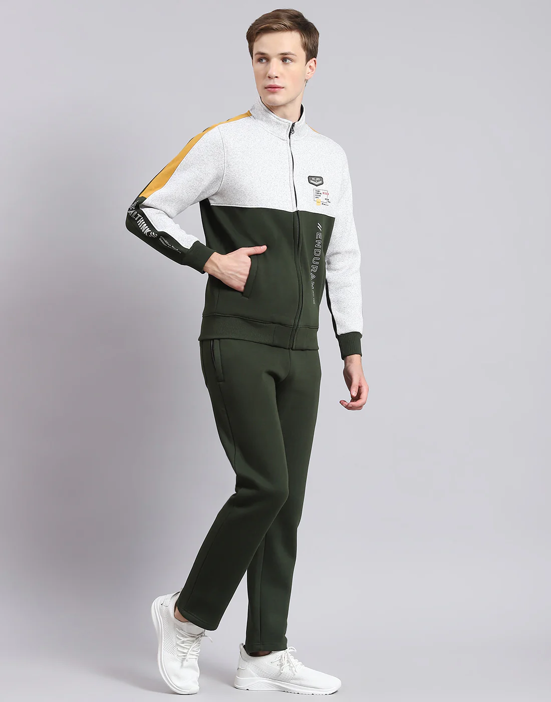 Men Olive Solid Stand Collar Full Sleeve Tracksuit - Image 4