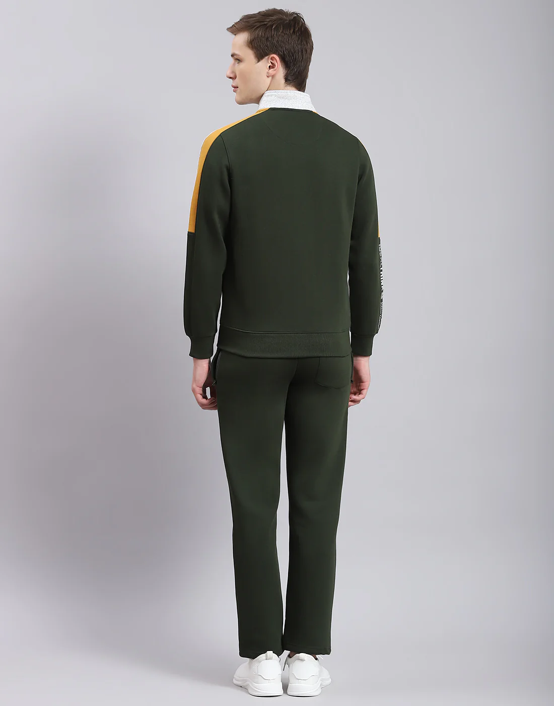 Men Olive Solid Stand Collar Full Sleeve Tracksuit - Image 5
