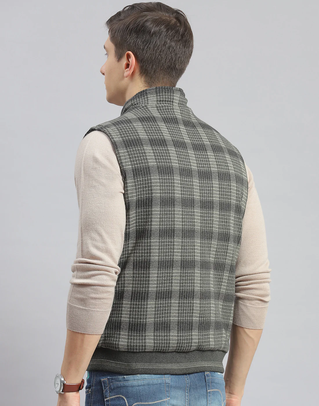 Men Olive Solid Stand Collar Sleeveless Jacket - Image 7