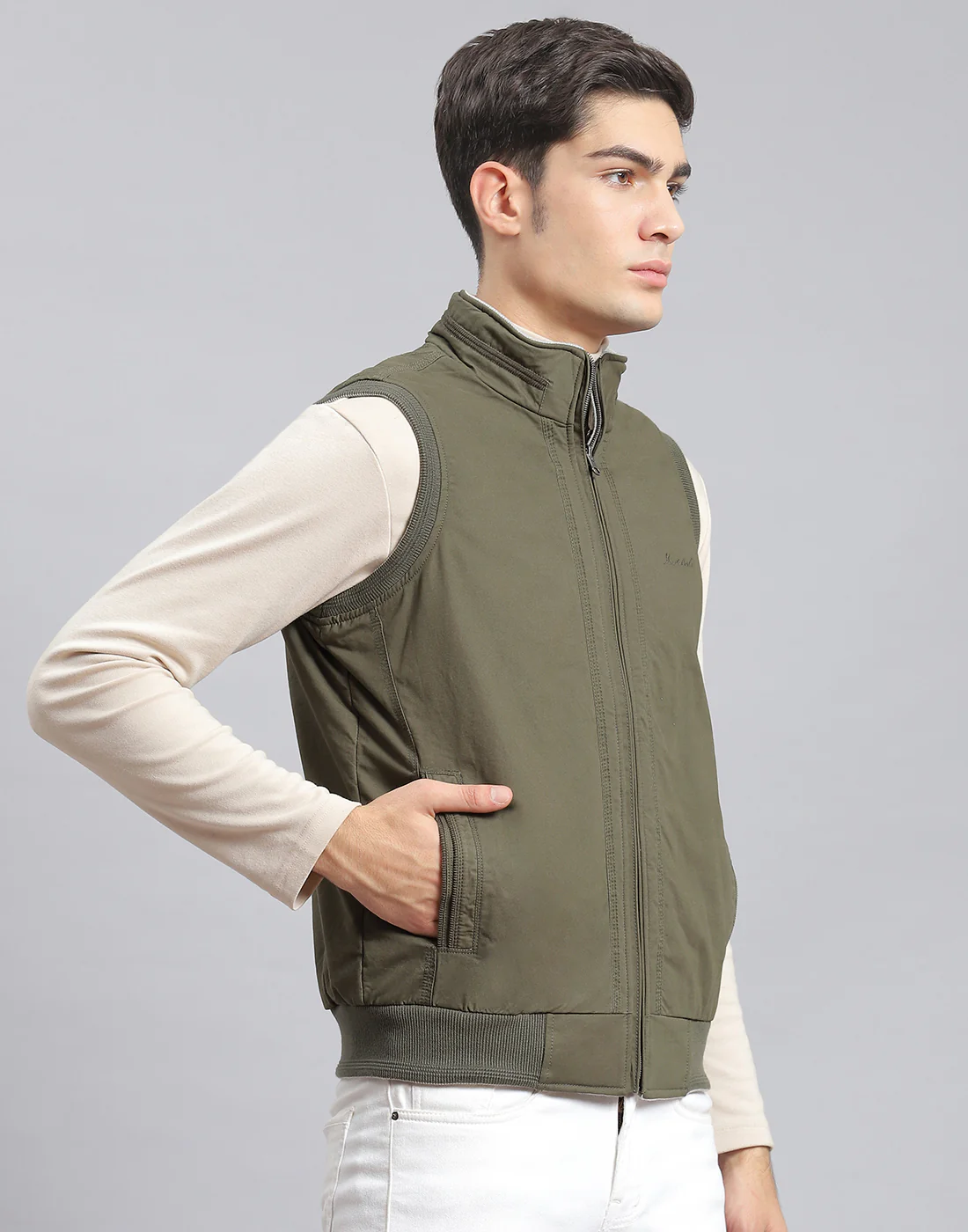 Men Olive Solid Stand Collar Sleeveless Jacket - Image 6