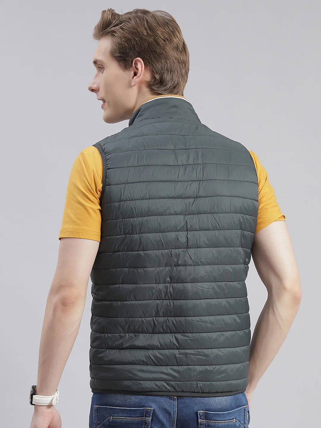 Men Olive Solid Stand Collar Sleeveless Jackets - Image 5