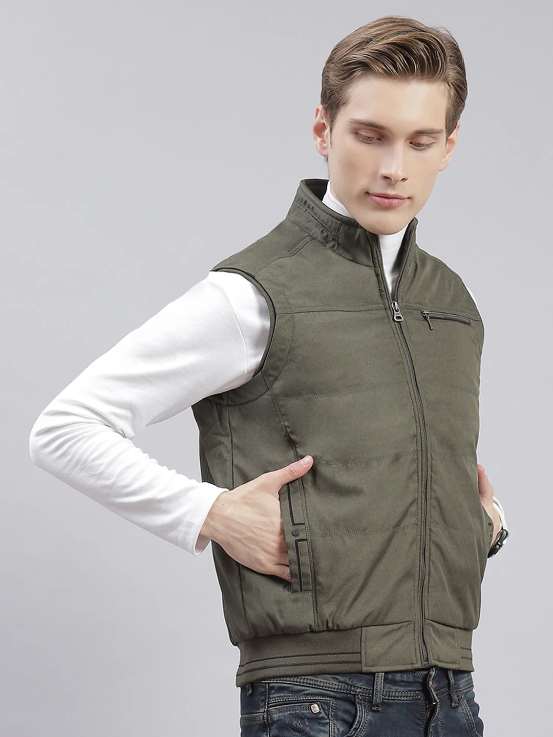 Men Olive Solid Stand Collar Sleeveless Jackets - Image 4