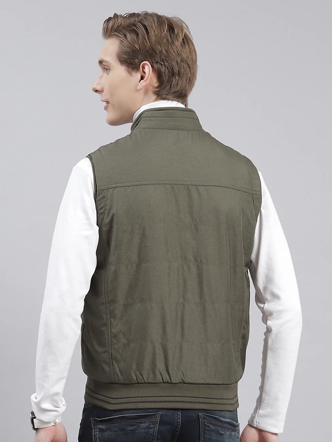 Men Olive Solid Stand Collar Sleeveless Jackets - Image 5