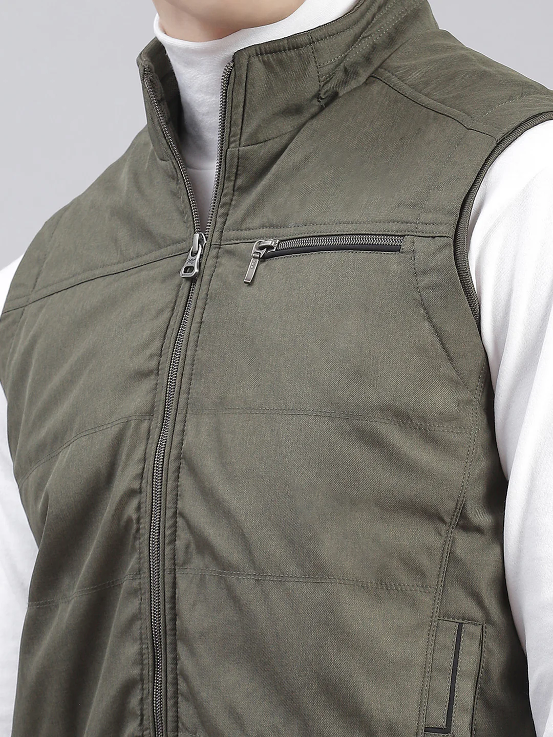 Men Olive Solid Stand Collar Sleeveless Jackets - Image 6