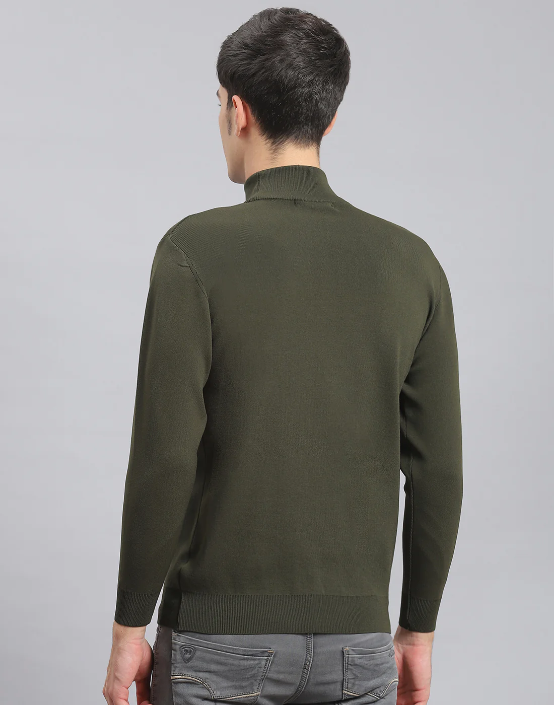 Men Olive Solid T Neck Full Sleeve Sweater - Image 5