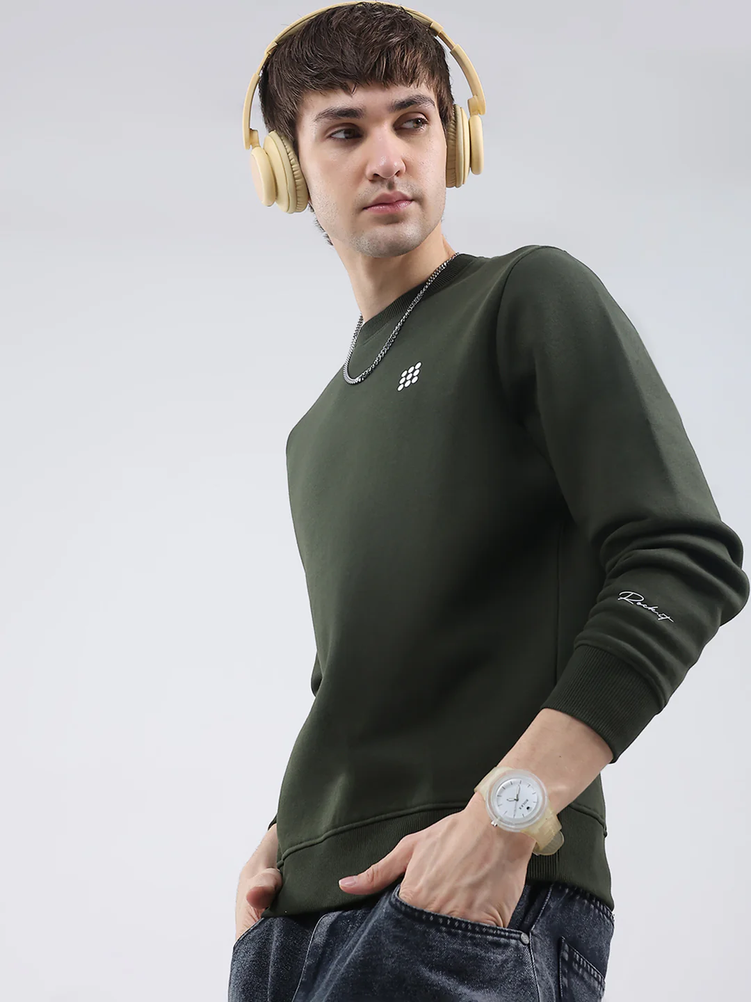 Rock.it Men Olive Solid Round Neck Full Sleeve Sweatshirt - Image 6