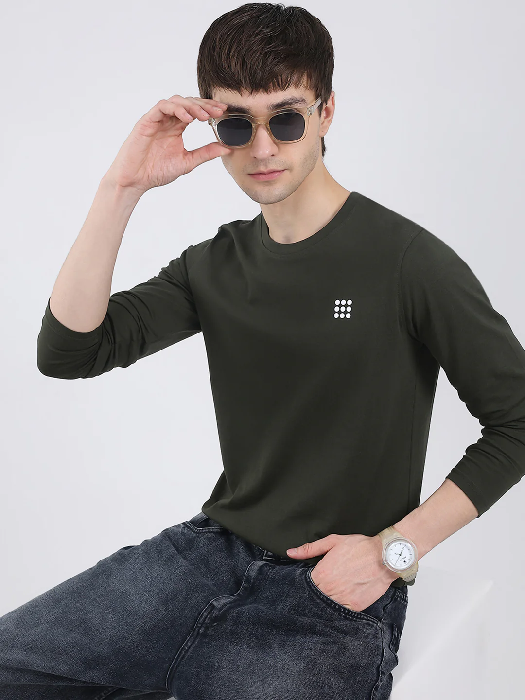Rock.it Men Olive Solid Round Neck Full Sleeve Winter T-Shirt - Image 6