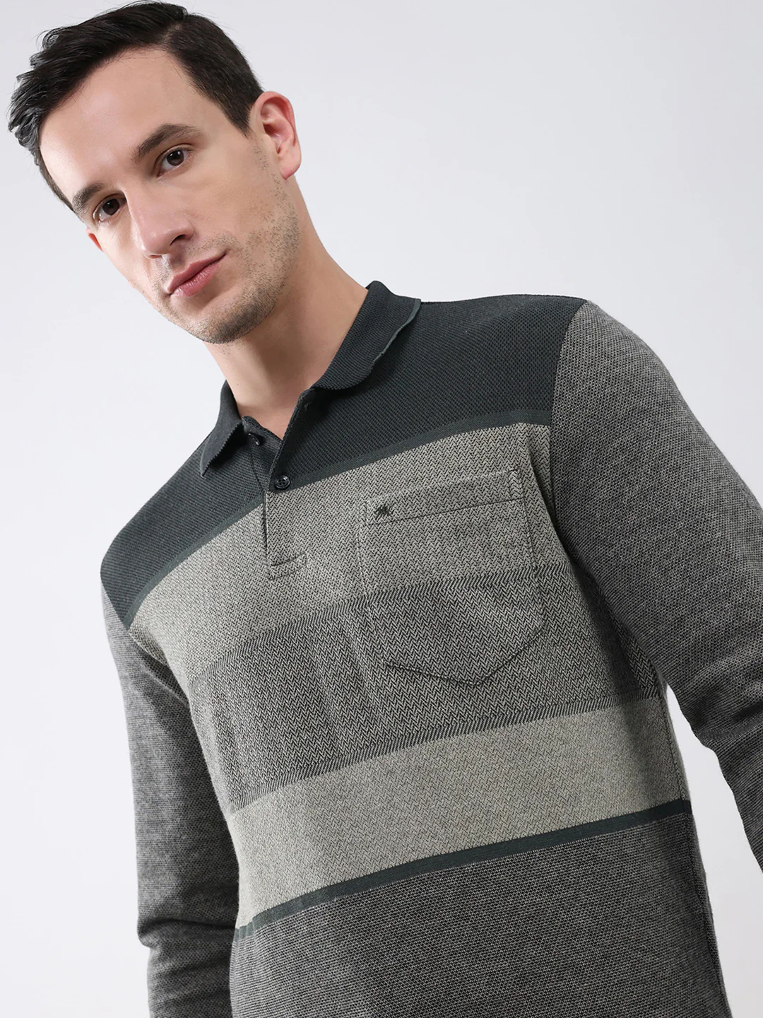Men Olive Stripe Collar Full Sleeve Winter T-Shirt - Image 6
