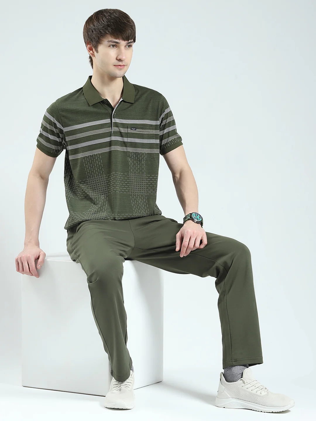 Men Olive Stripe Collar Half Sleeve Lower Set - Image 2