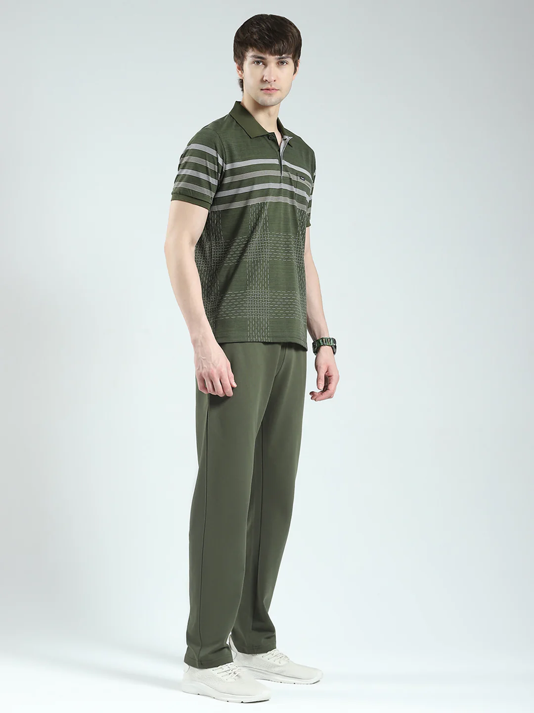 Men Olive Stripe Collar Half Sleeve Lower Set - Image 4