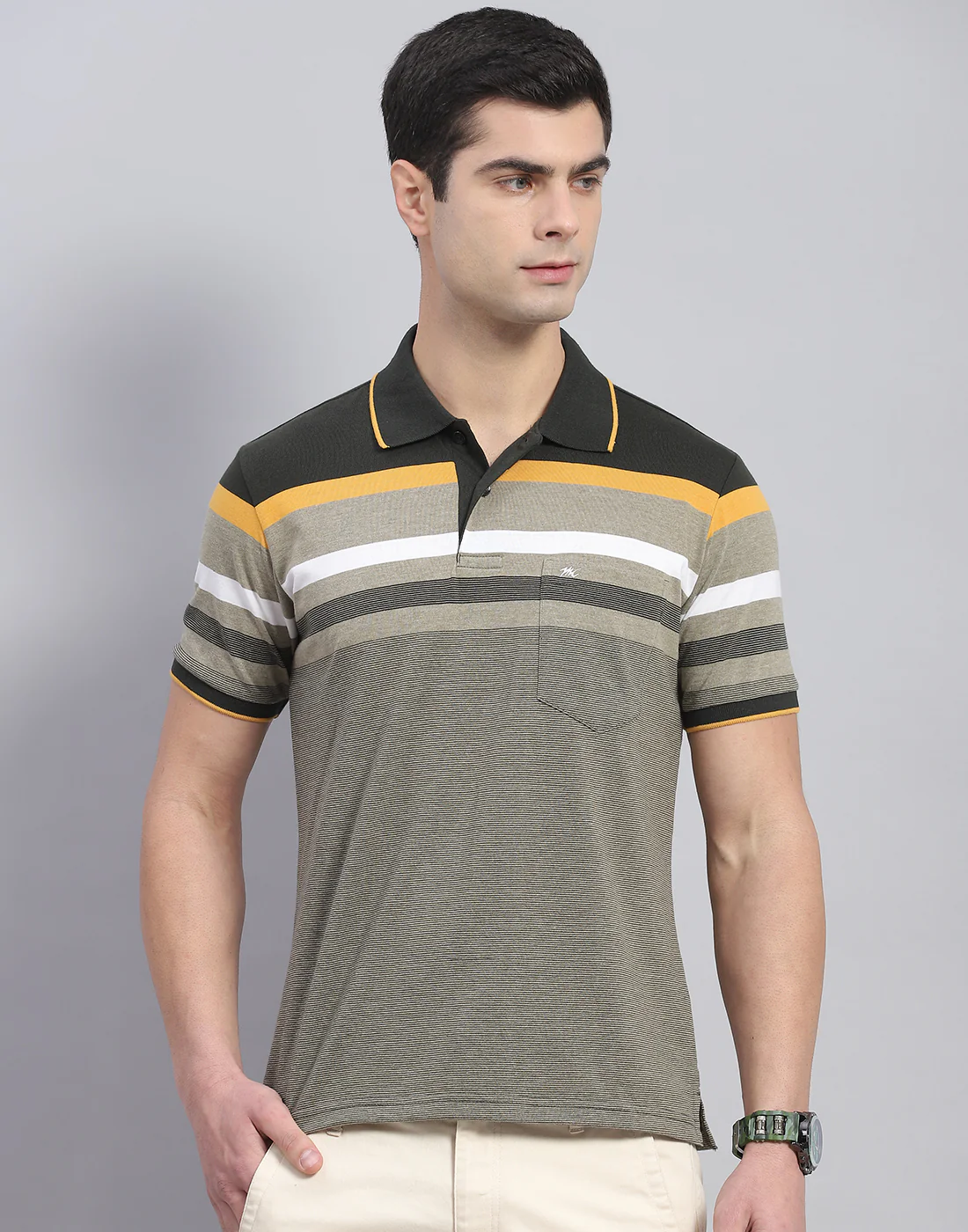 Men Olive Stripe Collar Half Sleeve T-Shirt - Image 2