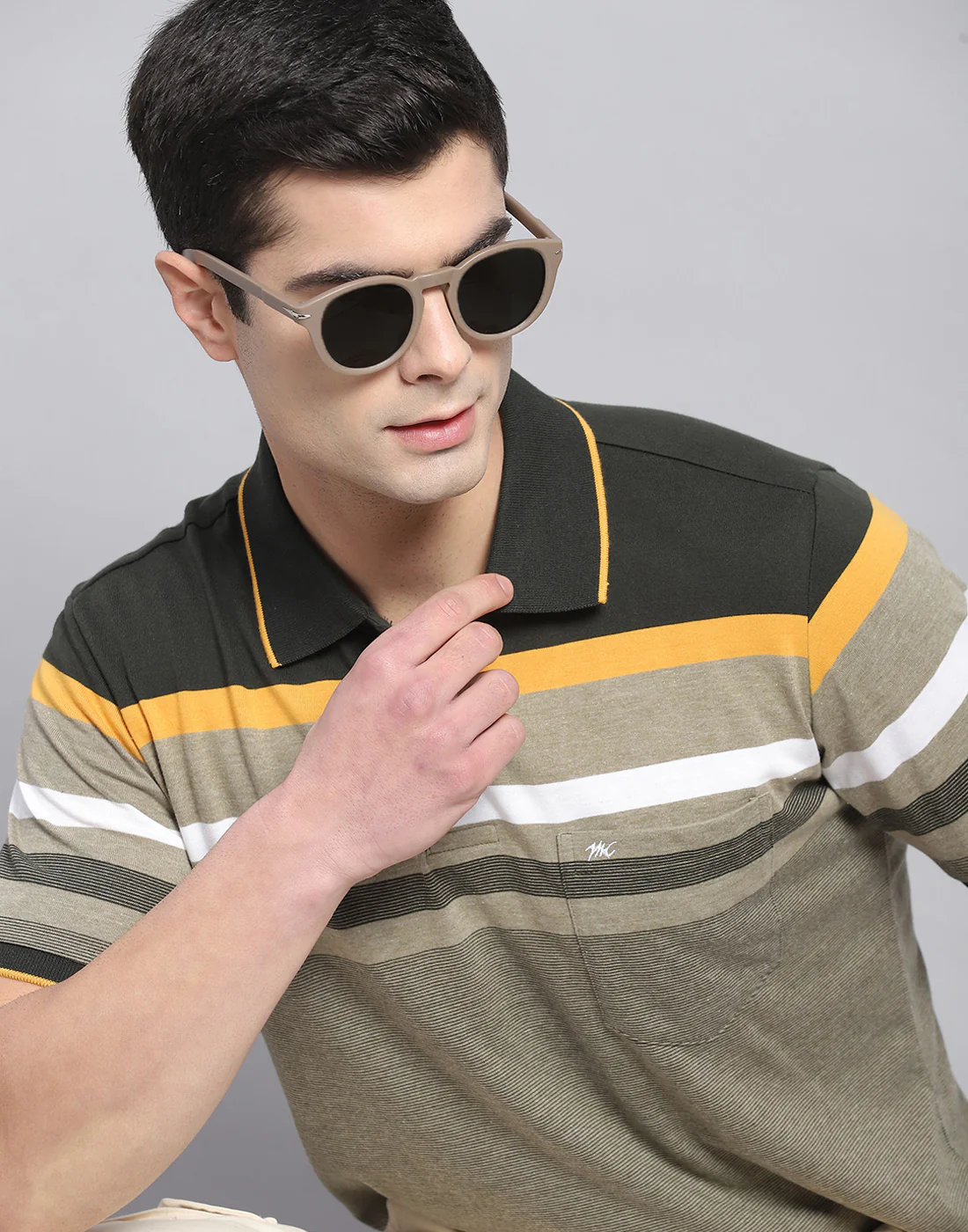 Men Olive Stripe Collar Half Sleeve T-Shirt - Image 6