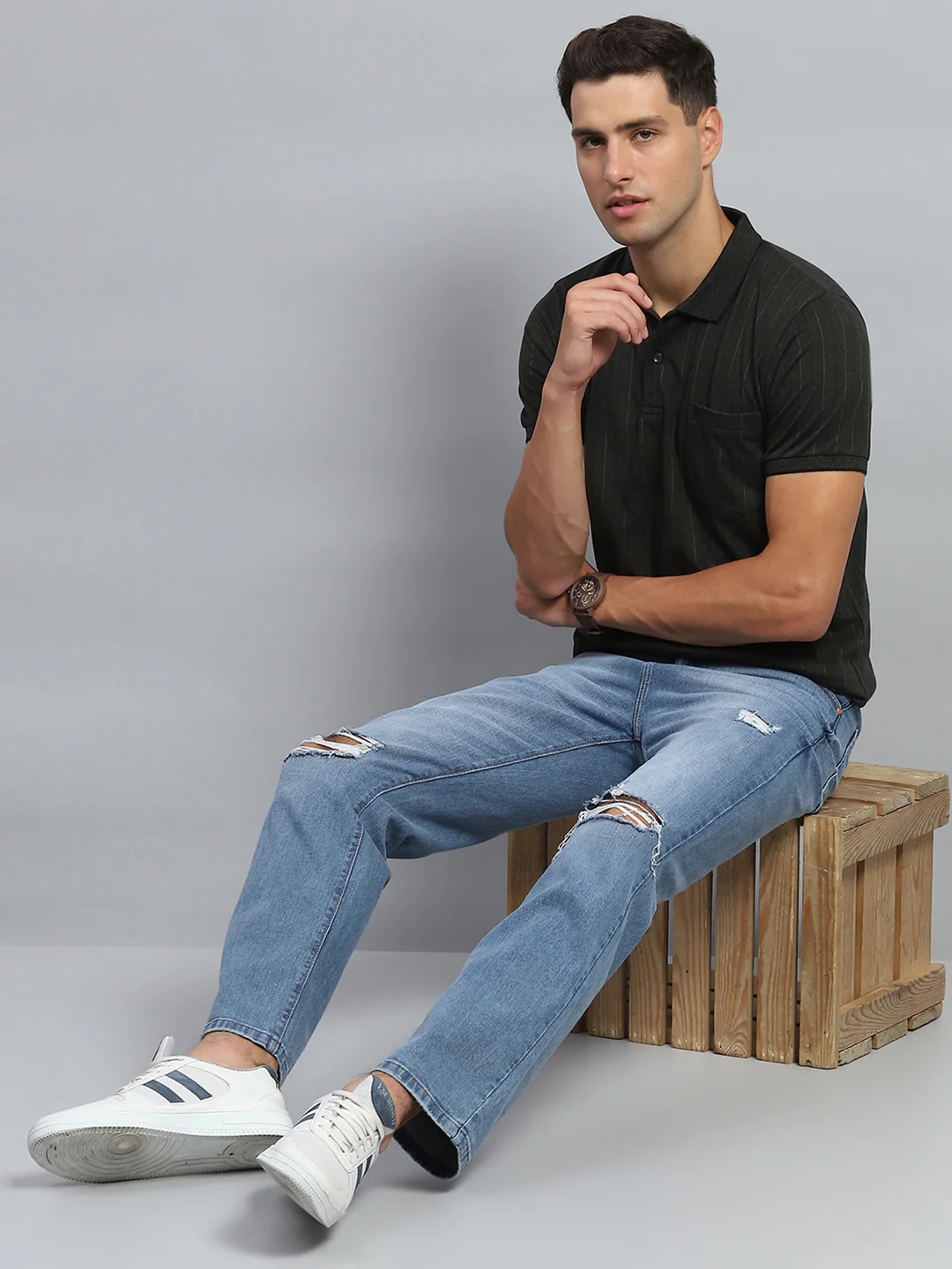 Men Olive Stripe Collar Half Sleeve T-Shirt - Image 2