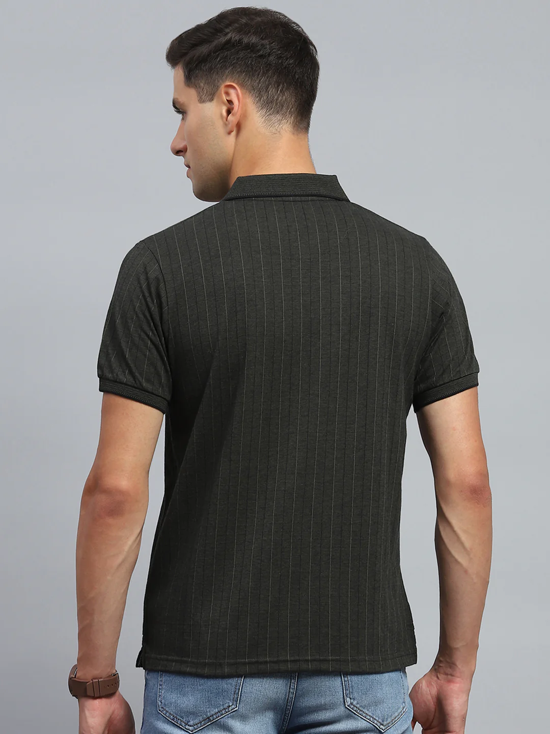 Men Olive Stripe Collar Half Sleeve T-Shirt - Image 5