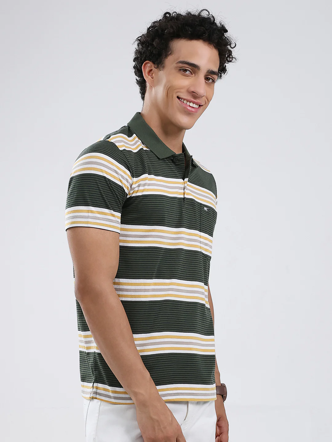 Men Olive Stripe Collar Half Sleeve T-Shirt - Image 4