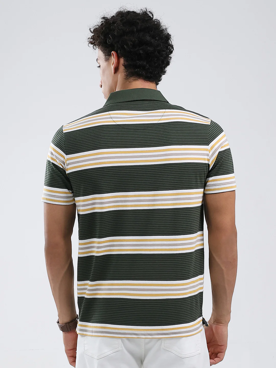 Men Olive Stripe Collar Half Sleeve T-Shirt - Image 5
