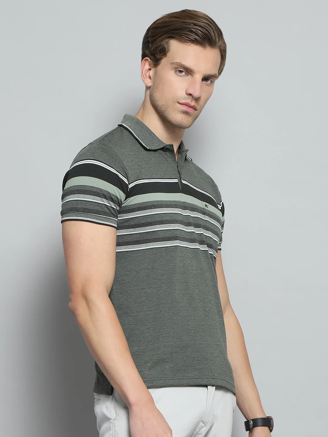 Men Olive Stripe Collar Half Sleeve T-Shirt - Image 4