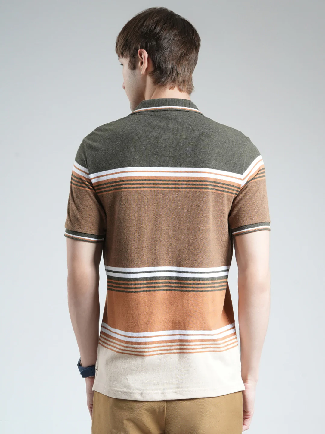 Men Olive Stripe Collar Half Sleeve T-Shirt - Image 5